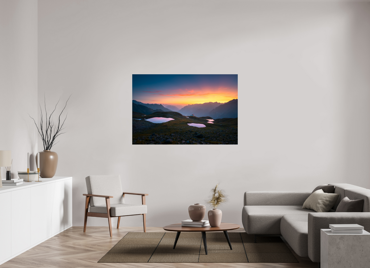 150 x 100 cm, Photo Print Under Acrylic Glass Mountain Lakes at Sunset