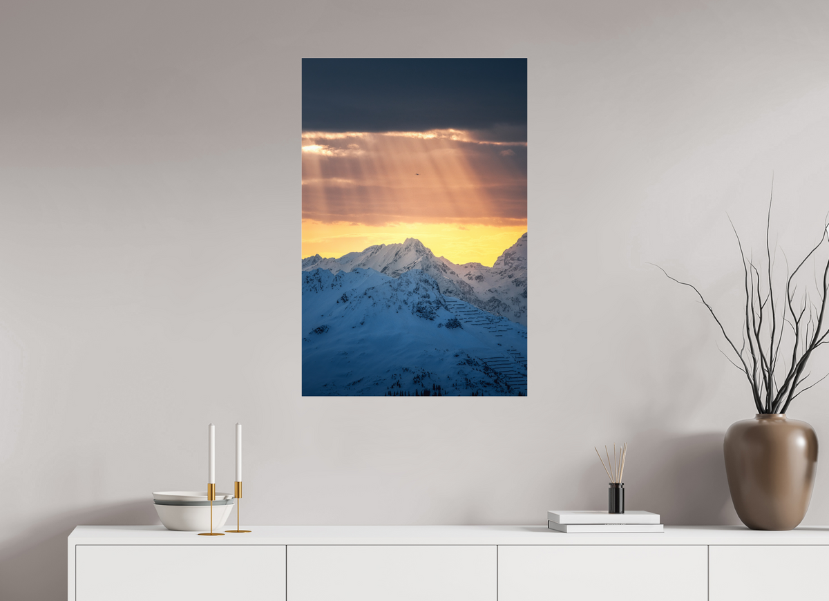60 x 90 cm, Photo Print Under Acrylic Glass Light Rays Over the Peaks, Zürs