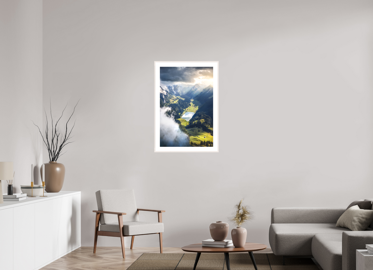 60 x 90 cm, Rahmen-Weiß Alpine Valley and Lake, Hoher Kasten