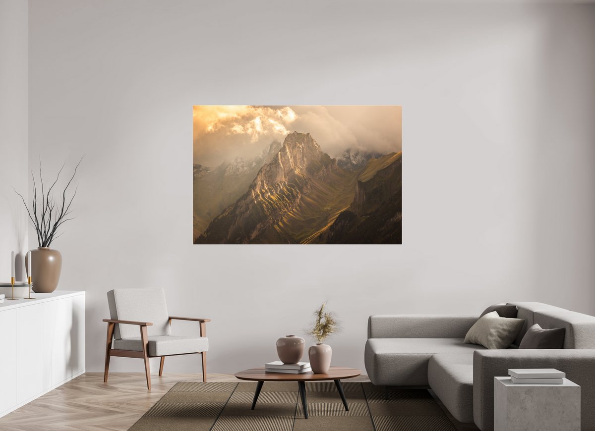 180 x 120 cm, Photo Print Under Acrylic Glass Mountain Light Through the Clouds, Hoher Kasten