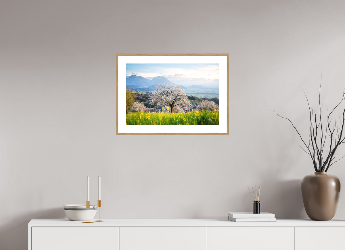 60 x 40 cm, Rahmen-Holzoptik Spring Cherry Tree Meadow, Fraxern