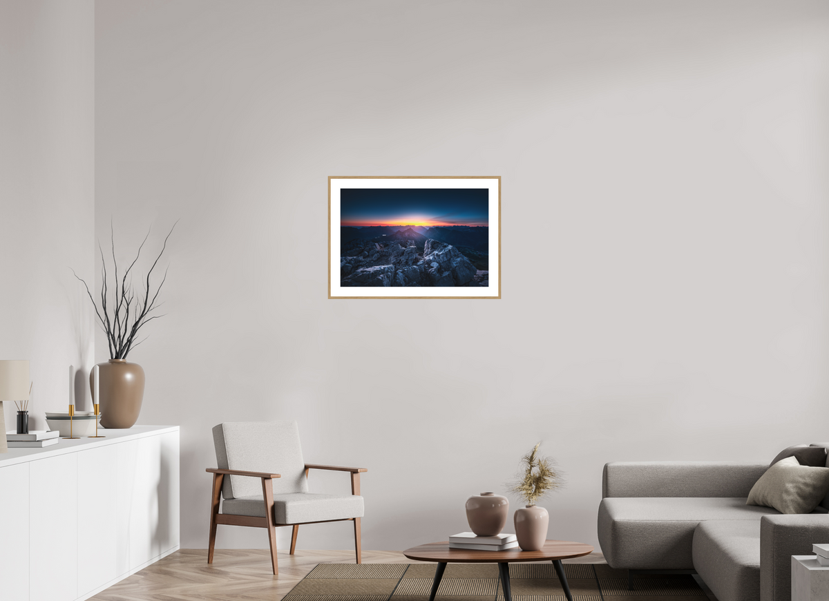75 x 50 cm, Rahmen-Holzoptik Sunrise at the Mohnenfluh, Lech