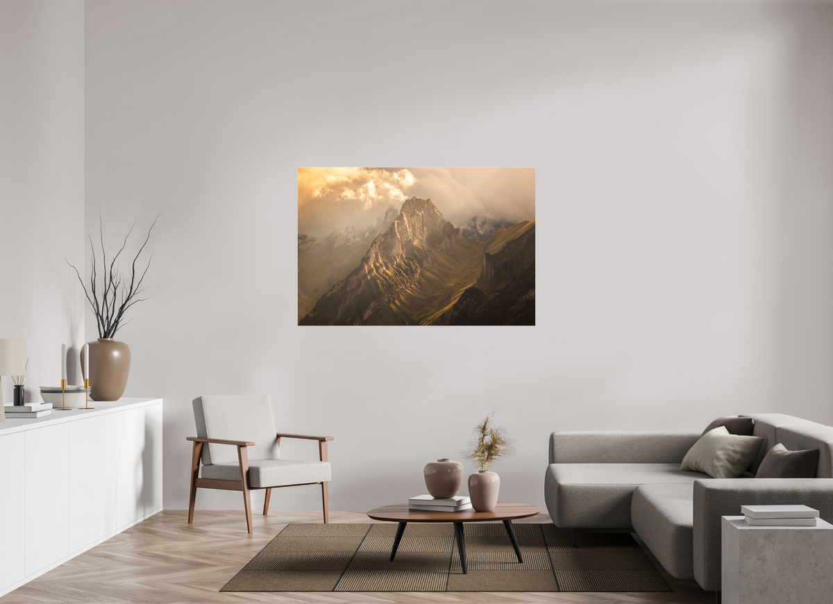 150 x 100 cm, Photo Print Under Acrylic Glass Mountain Light Through the Clouds, Hoher Kasten