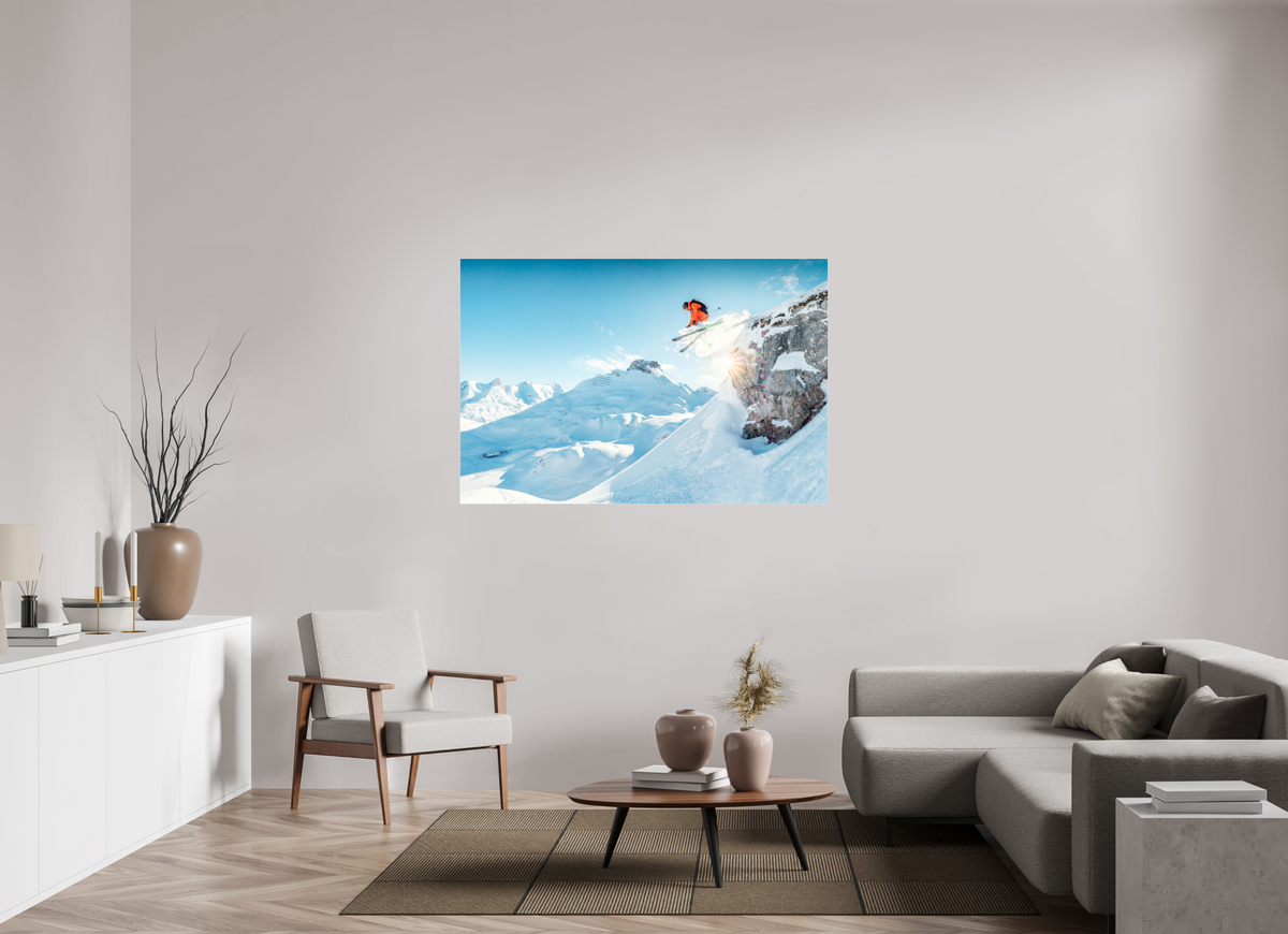 150 x 100 cm, Photo Print Under Acrylic Glass Freeride Jump Over the Rocks, Zürs