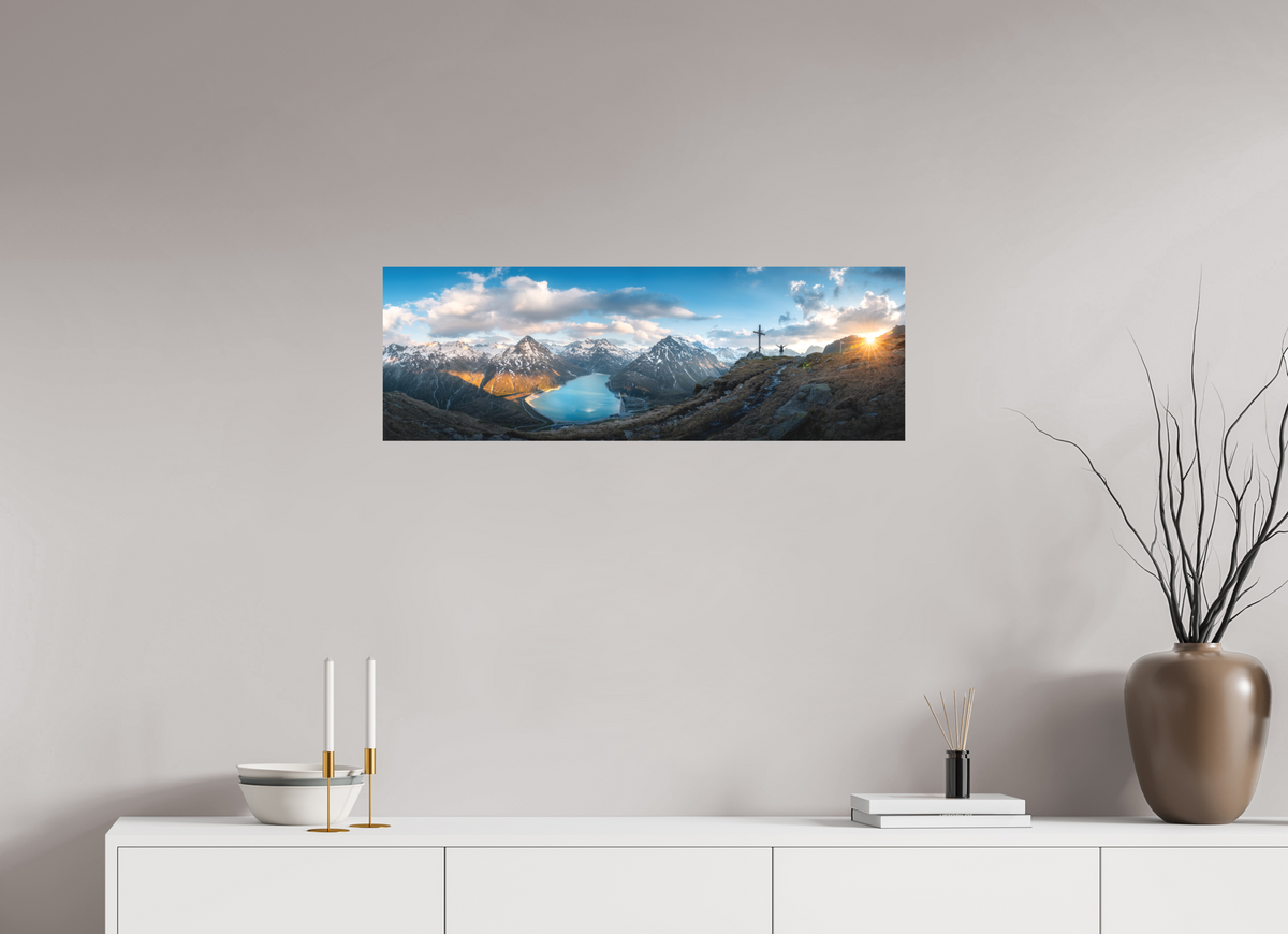 90 x 30 cm, Papierprint ohne Rahmen Silvretta Reservoir Golden Sunset, Alps