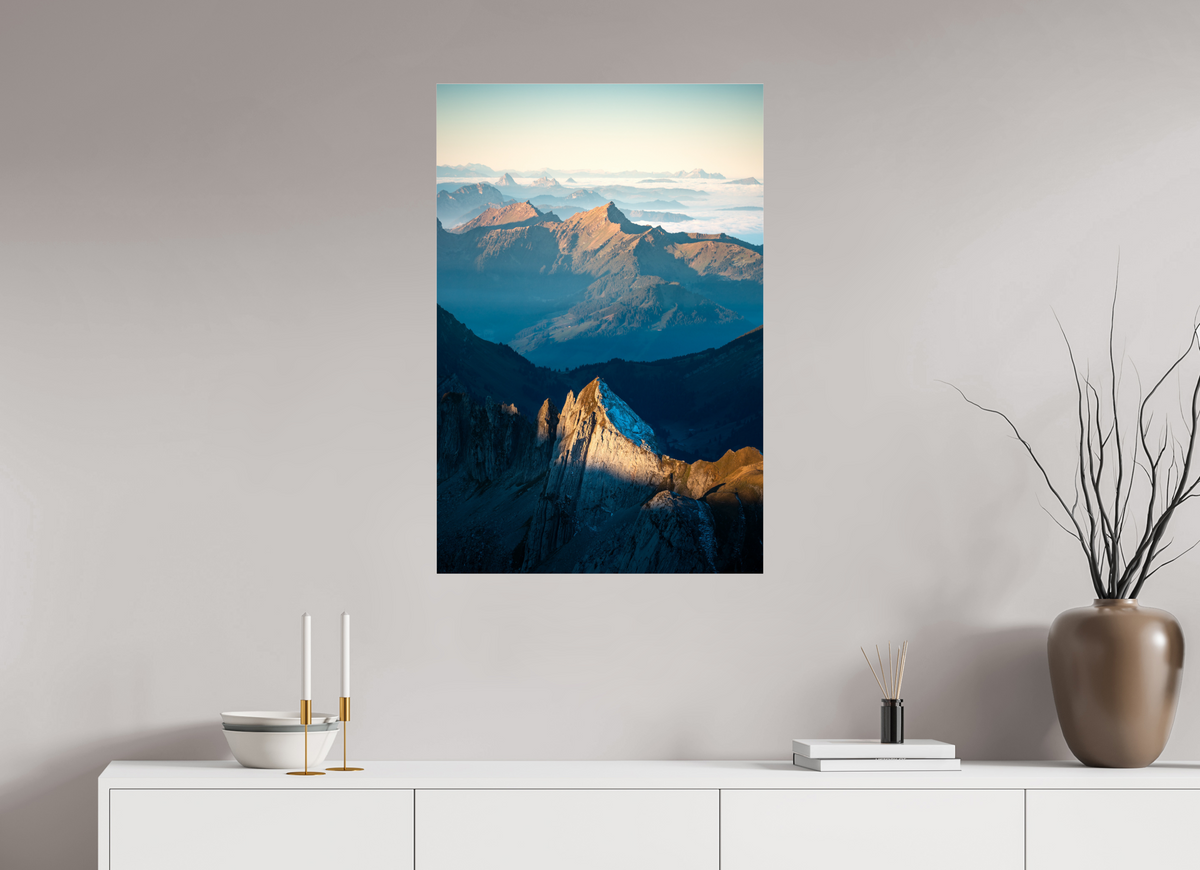 60 x 90 cm, Photo Print Under Acrylic Glass Säntis Peak at Sunrise, Switzerland