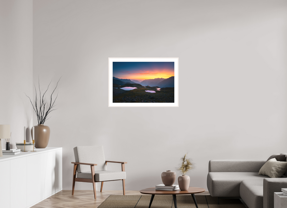 90 x 60 cm, Rahmen-Weiß Mountain Lakes at Sunset