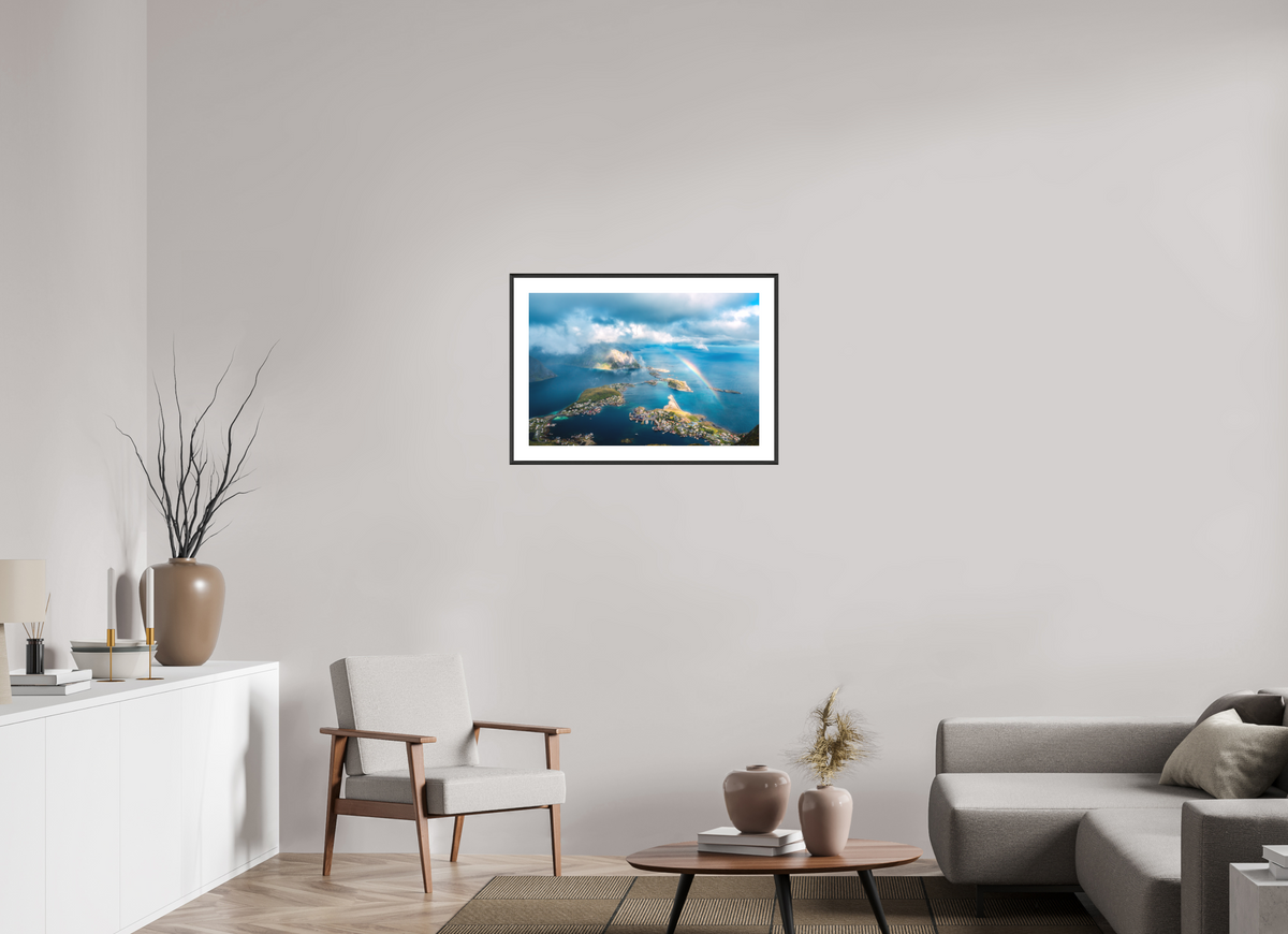75 x 50 cm, Rahmen-Schwarz Rainbow over Reinebringen, Lofoten