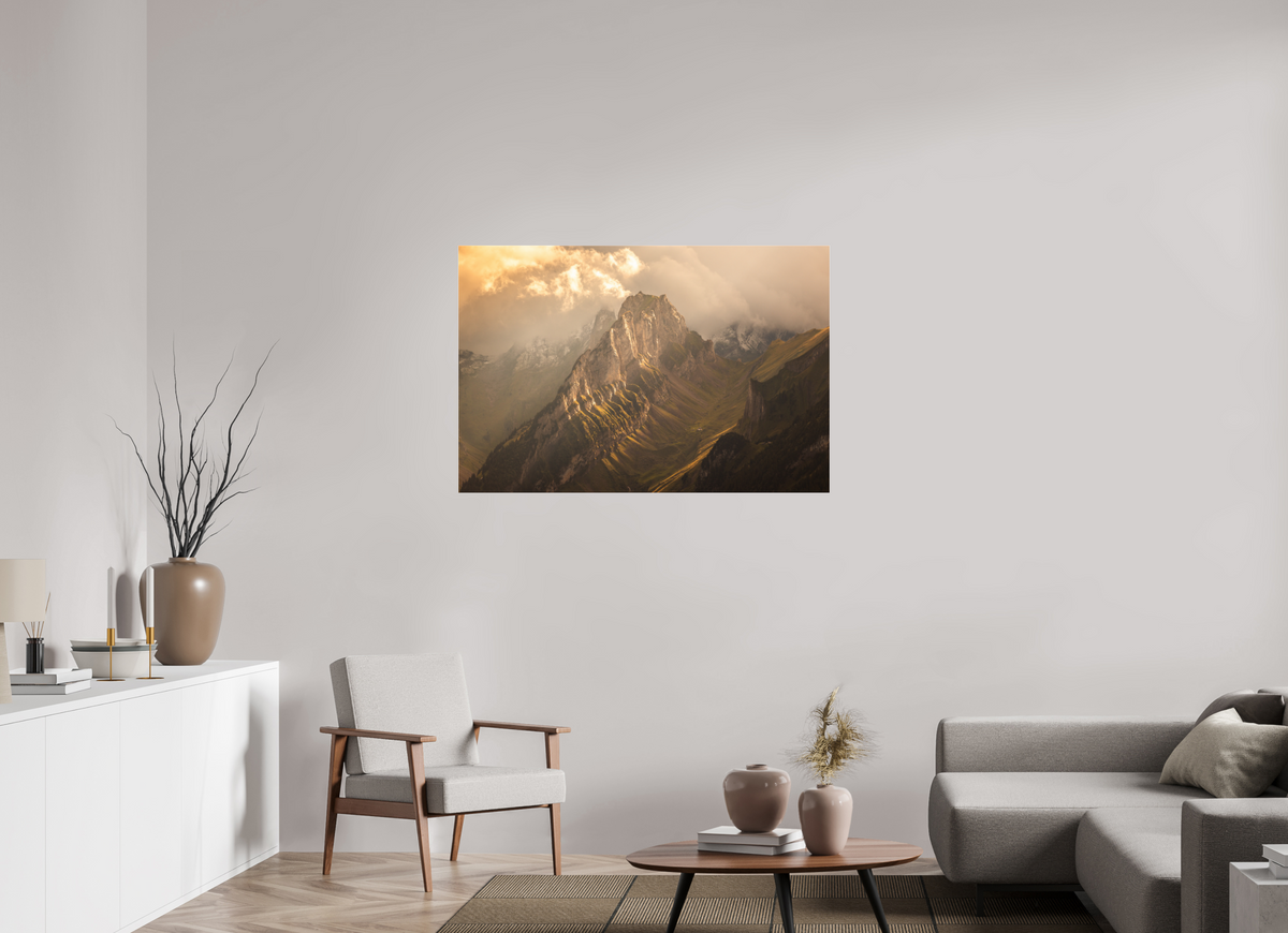 120 x 80 cm, Photo Print Under Acrylic Glass Mountain Light Through the Clouds, Hoher Kasten