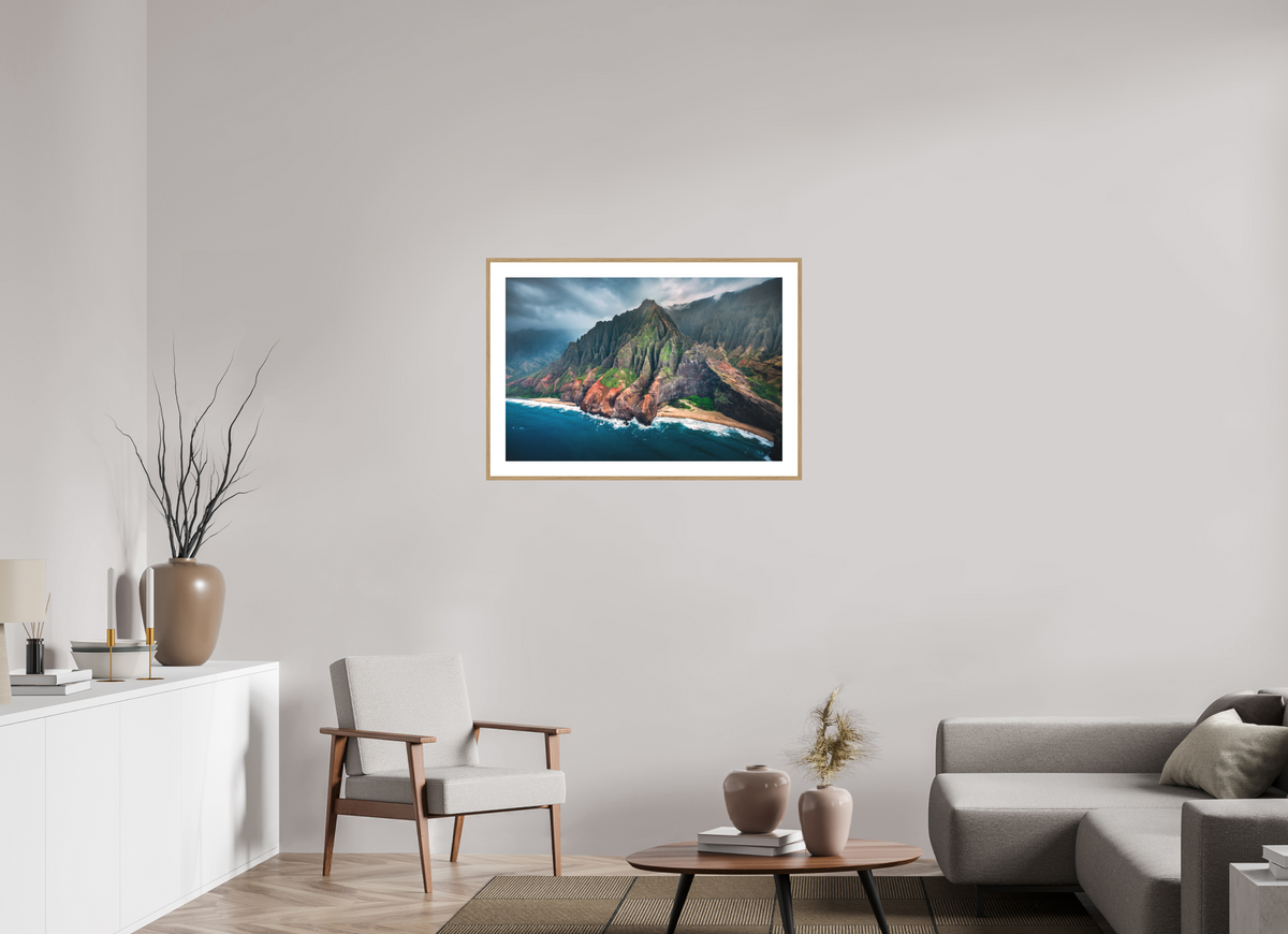 90 x 60 cm, Rahmen-Holzoptik Napali Coast Cliffs, Kauai Hawaii