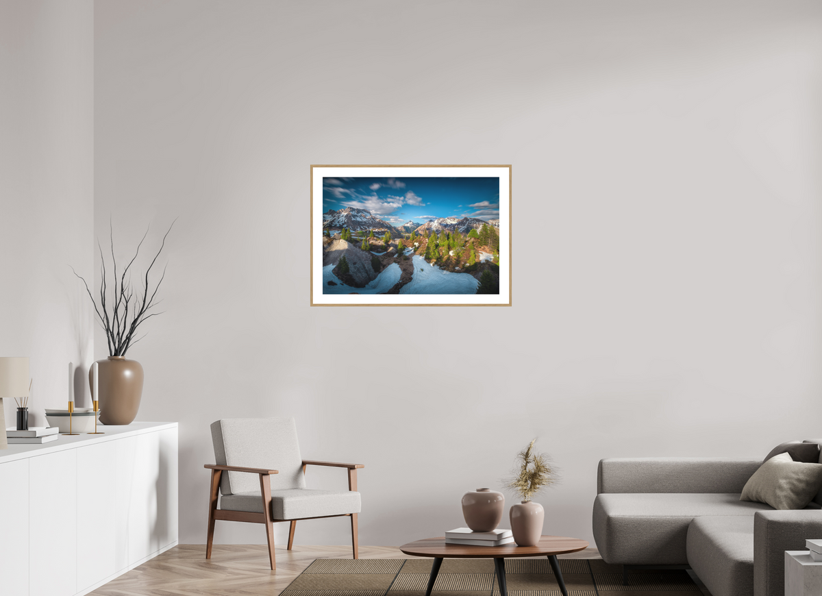90 x 60 cm, Rahmen-Holzoptik Spring Panorama With the Biberkopf, Lech