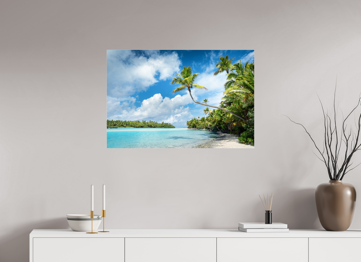 90 x 60 cm, Photo Print Under Acrylic Glass Curved Palm Over the Lagoon, Aitutaki