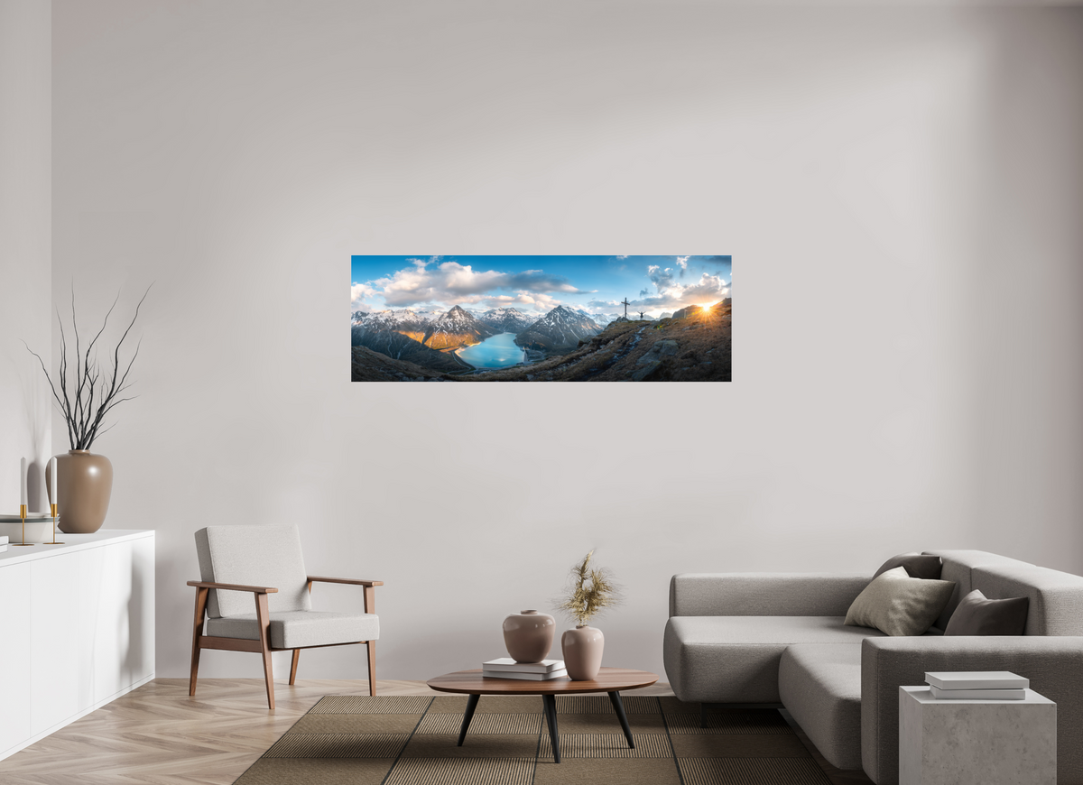 180 x 60 cm, Photo Print Under Acrylic Glass Silvretta Reservoir Golden Sunset, Alps