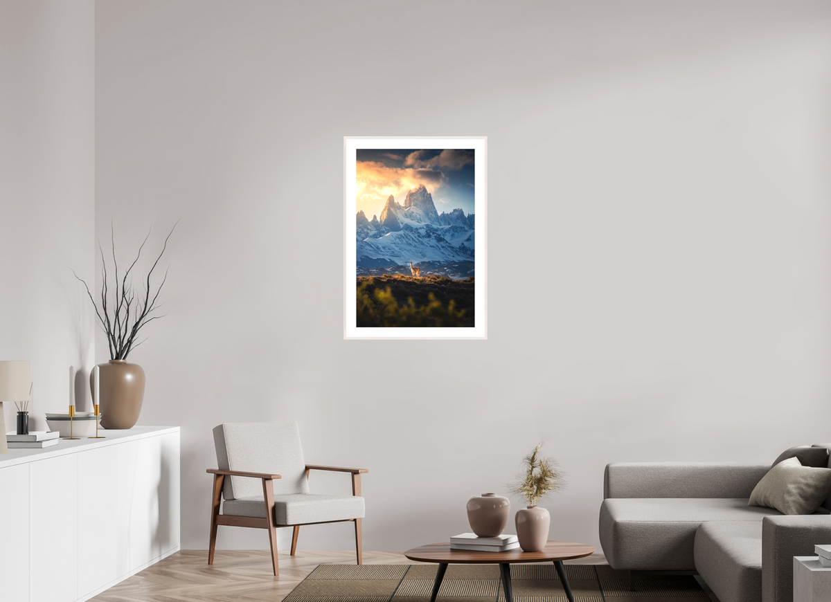 60 x 90 cm, Rahmen-Weiß Guanaco below Fitz Roy in Golden Light, Patagonia