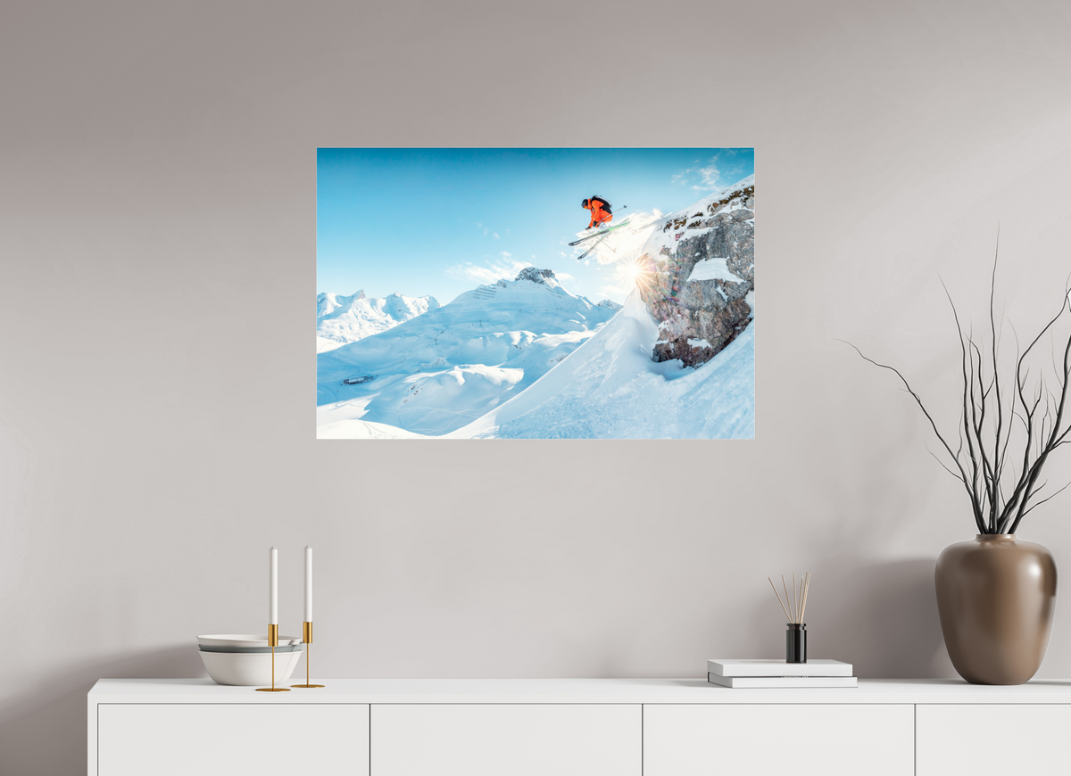 90 x 60 cm, Photo Print Under Acrylic Glass Freeride Jump Over the Rocks, Zürs
