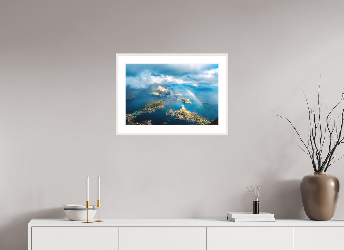 60 x 40 cm, Rahmen-Weiß Rainbow over Reinebringen, Lofoten