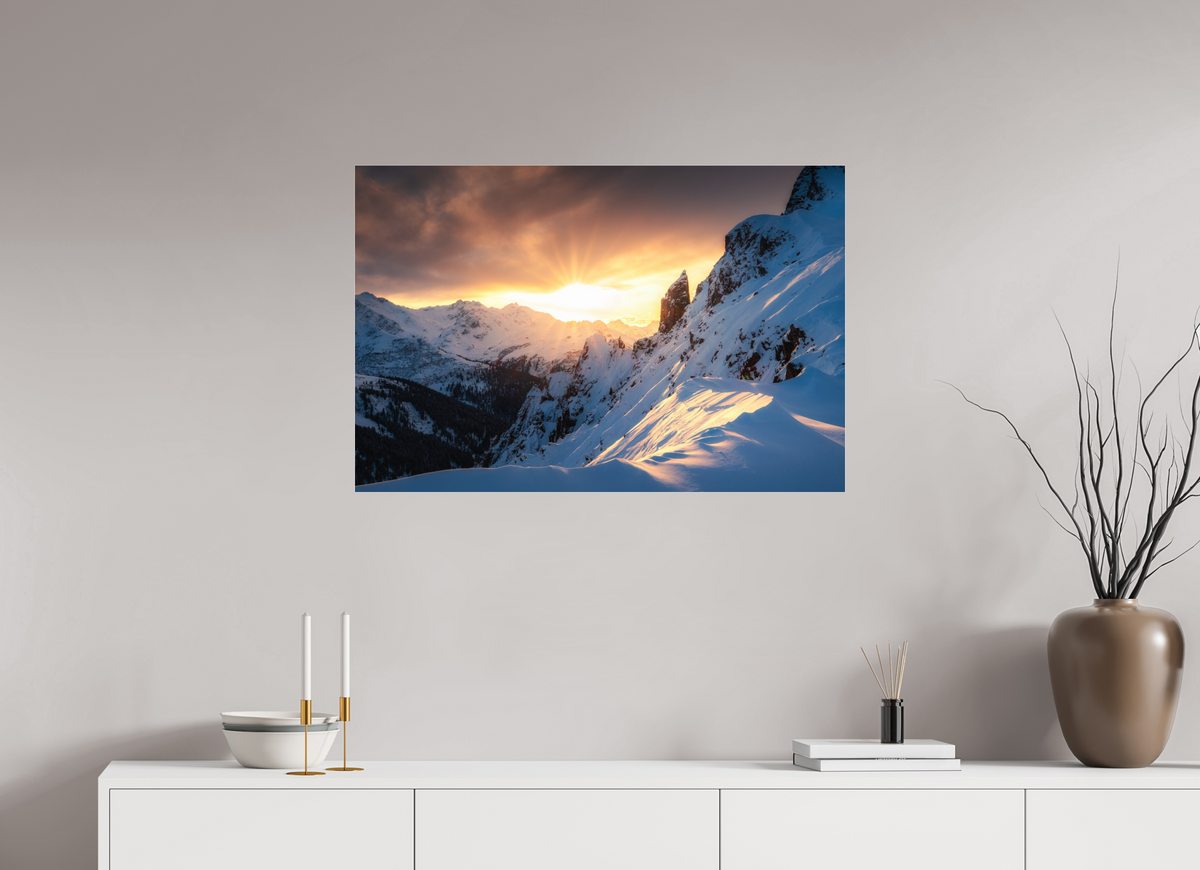 90 x 60 cm, Photo Print Under Acrylic Glass Black Tower at Sunset, Zürs