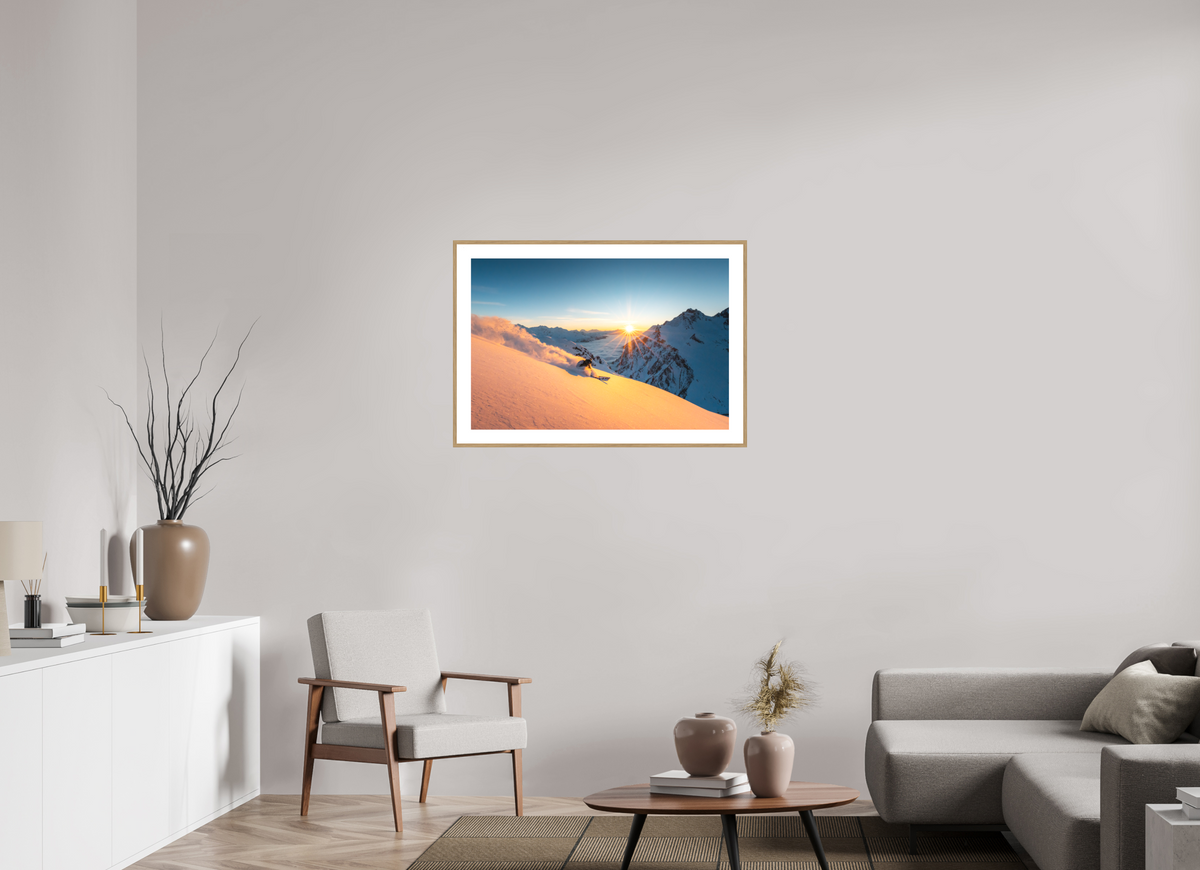 90 x 60 cm, Rahmen-Holzoptik Freeride at Sunset, Trittkopf, Arlberg