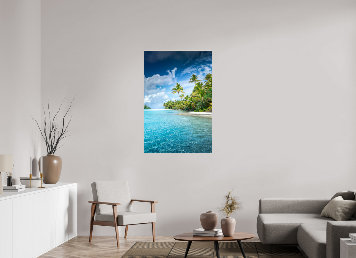 80 x 120 cm, Photo Print Under Acrylic Glass Palm Coast, Aitutaki Lagoon