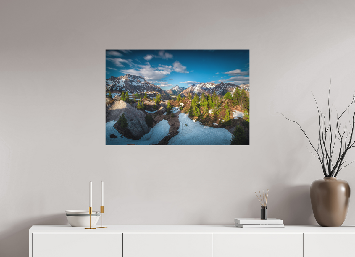 90 x 60 cm, Papierprint ohne Rahmen Spring Panorama With the Biberkopf, Lech