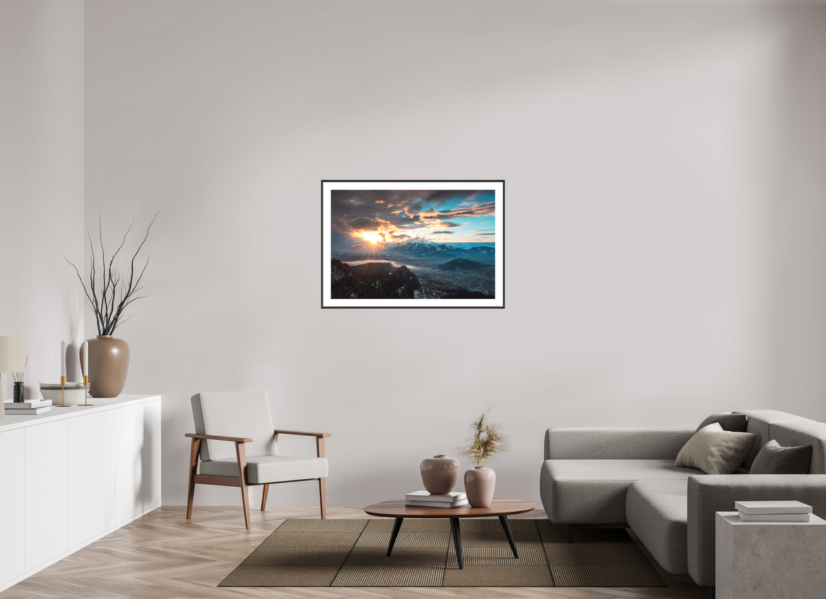 105 x 70 cm, Rahmen-Schwarz Rhine Valley Winter Sunset, Vorarlberg