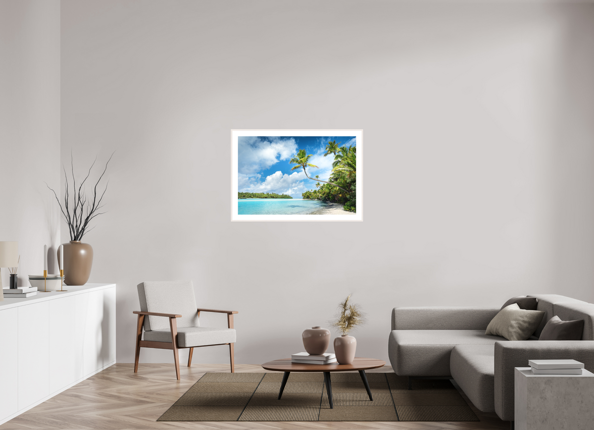 105 x 70 cm, Rahmen-Weiß Curved Palm Over the Lagoon, Aitutaki