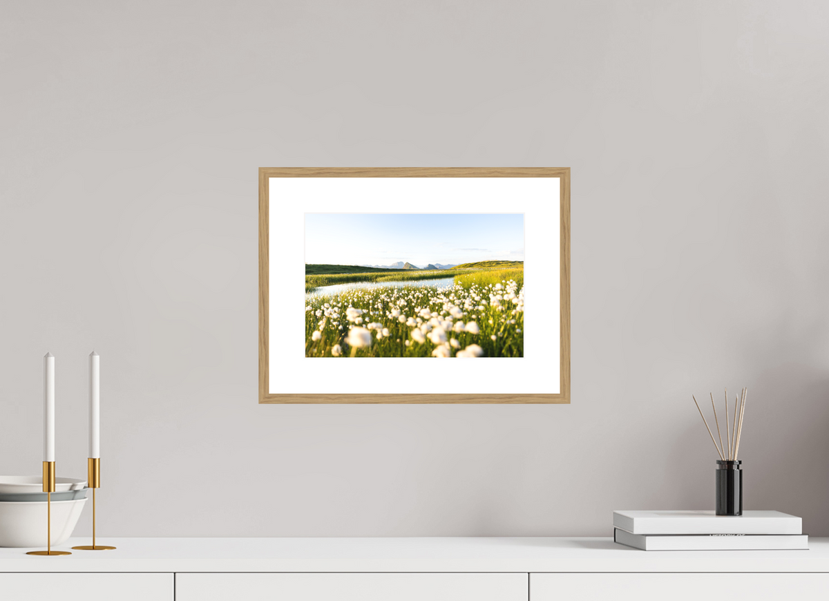 30 x 20 cm, Rahmen-Holzoptik Alpine Cotton Grass by the Pond