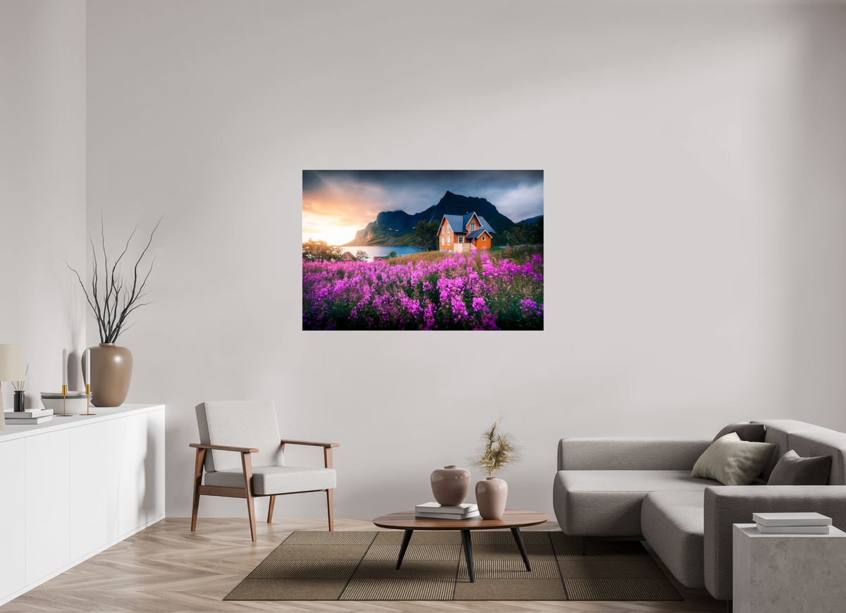 150 x 100 cm, Photo Print Under Acrylic Glass Orange House with Flowers, Lofoten