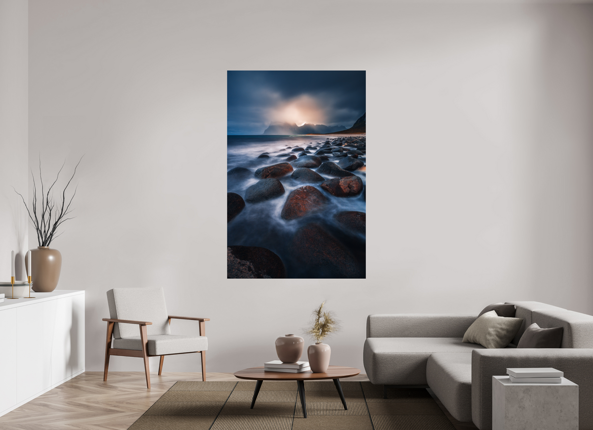 120 x 180 cm, Photo Print Under Acrylic Glass Rocky Beach at Sunset, Lofoten