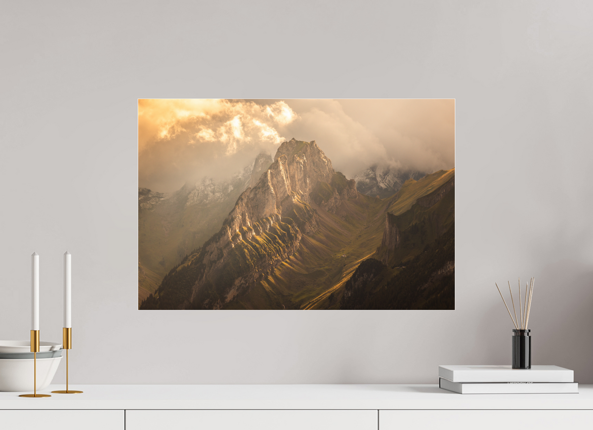 60 x 40 cm, Photo Print Under Acrylic Glass Mountain Light Through the Clouds, Hoher Kasten