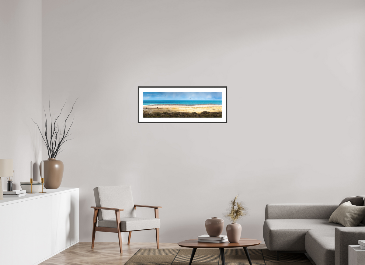 90 x 30 cm, Rahmen-Schwarz Penguins on the Beach, Argentine Patagonia