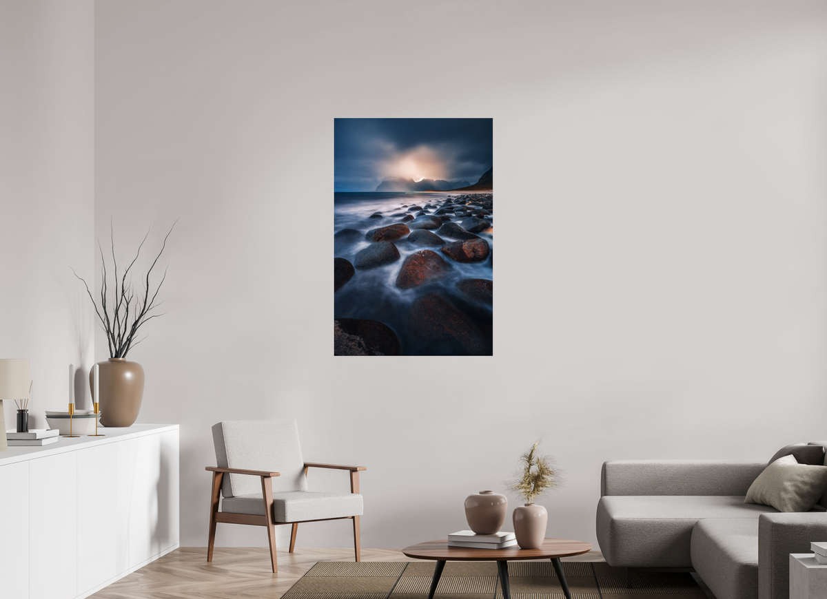 80 x 120 cm, Photo Print Under Acrylic Glass Rocky Beach at Sunset, Lofoten