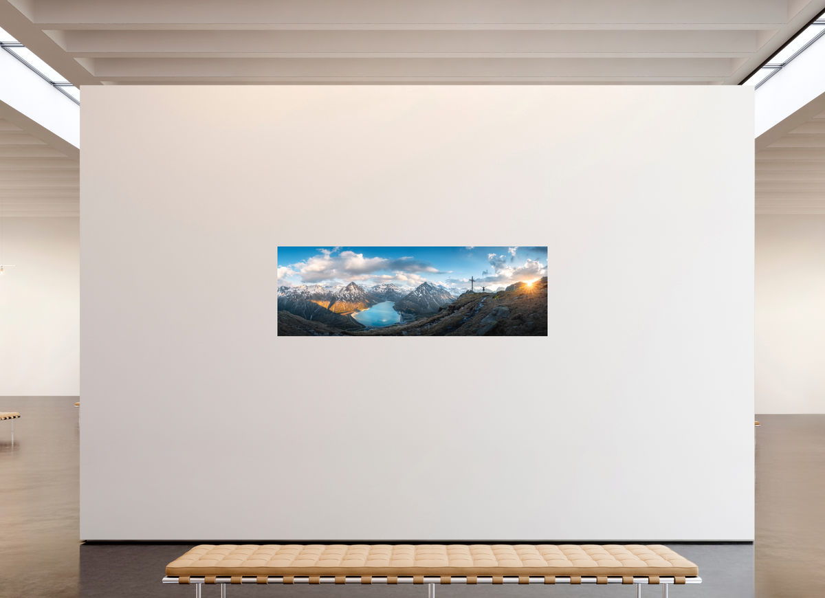 210 x 70 cm, Photo Print Under Acrylic Glass Silvretta Reservoir Golden Sunset, Alps