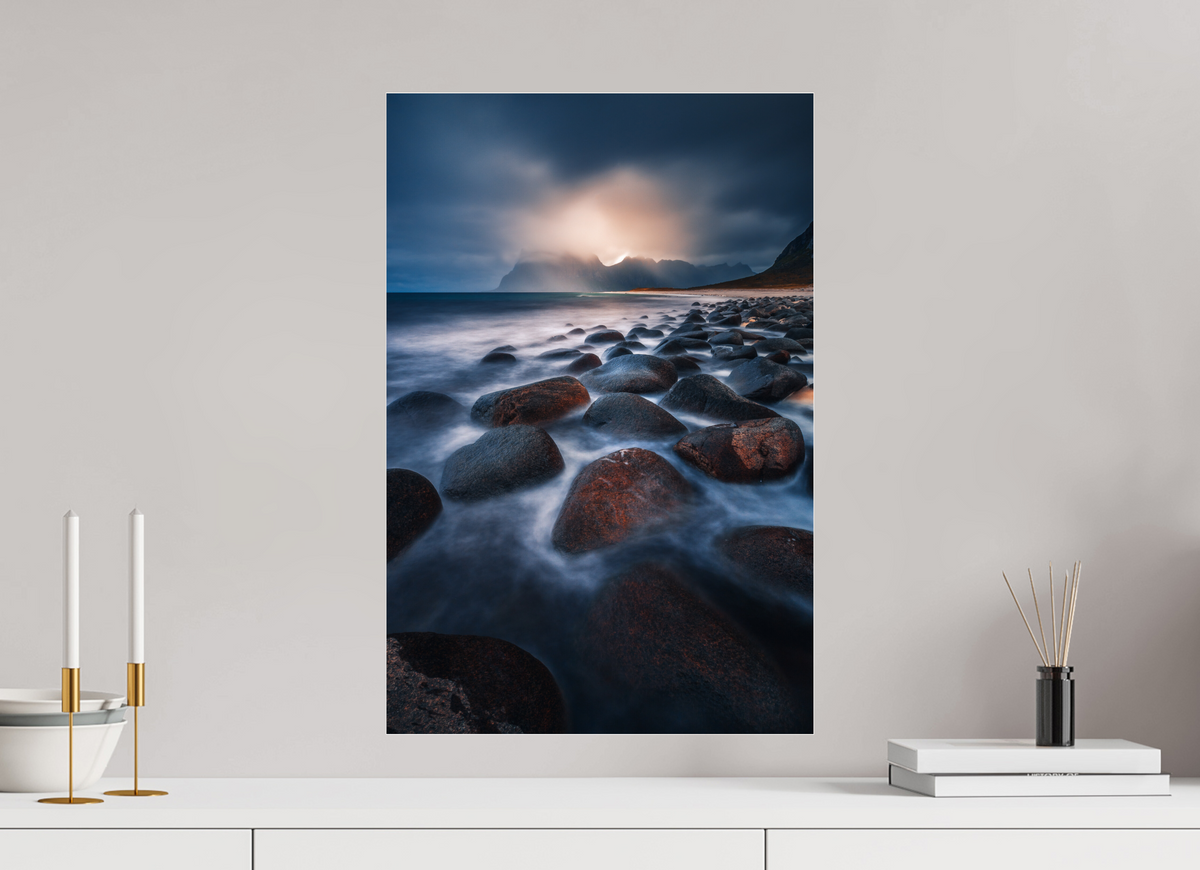 40 x 60 cm, Photo Print Under Acrylic Glass Rocky Beach at Sunset, Lofoten