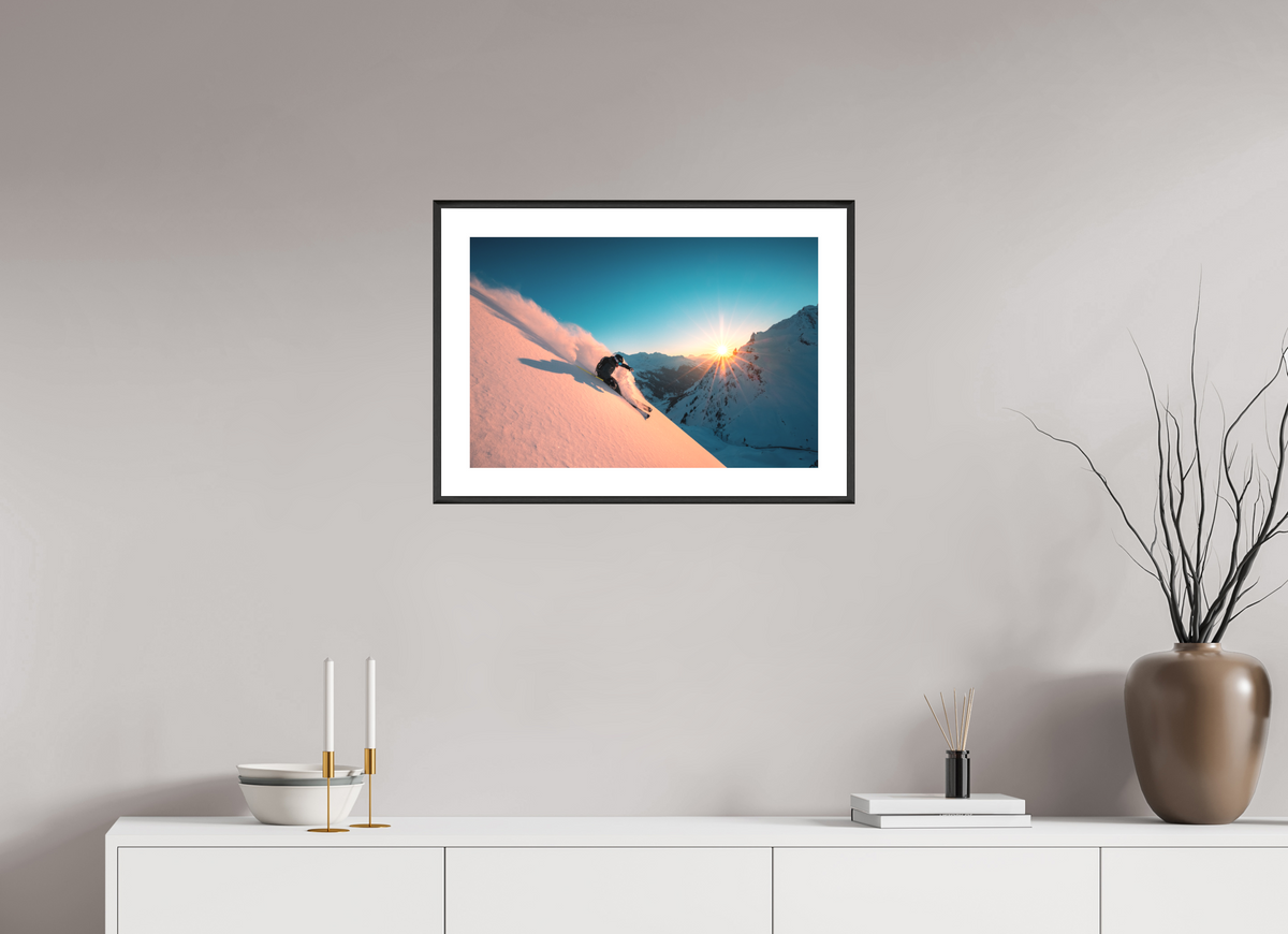 60 x 40 cm, Rahmen-Schwarz Skiing Into the Sunset, Flexenpass