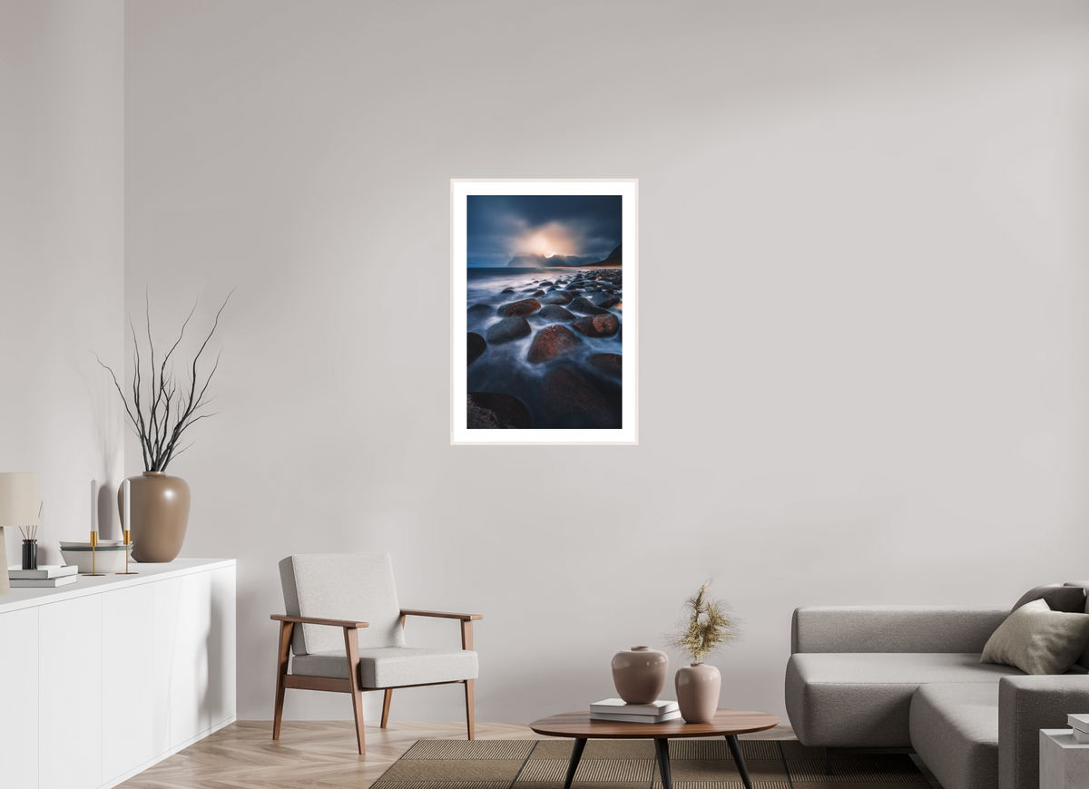 60 x 90 cm, Rahmen-Weiß Rocky Beach at Sunset, Lofoten