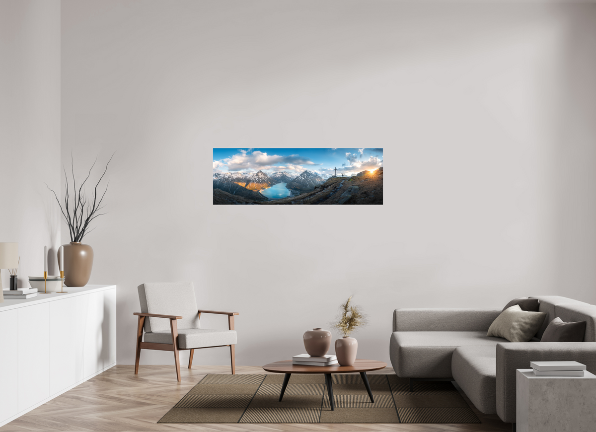 150 x 50 cm, Photo Print Under Acrylic Glass Silvretta Reservoir Golden Sunset, Alps