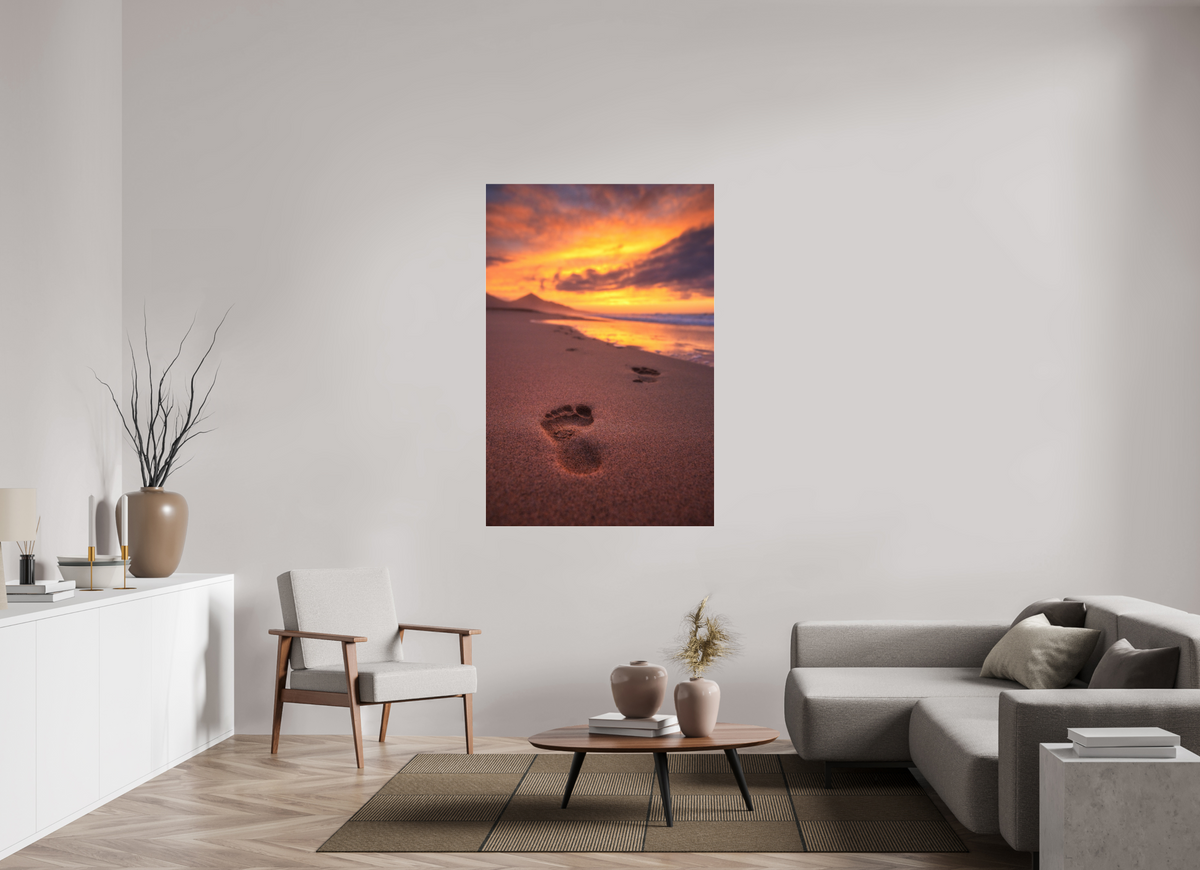 100 x 150 cm, Photo Print Under Acrylic Glass Footprints at Sunset, Cofete, Fuerteventura