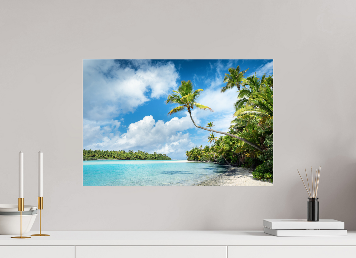 60 x 40 cm, Photo Print Under Acrylic Glass Curved Palm Over the Lagoon, Aitutaki