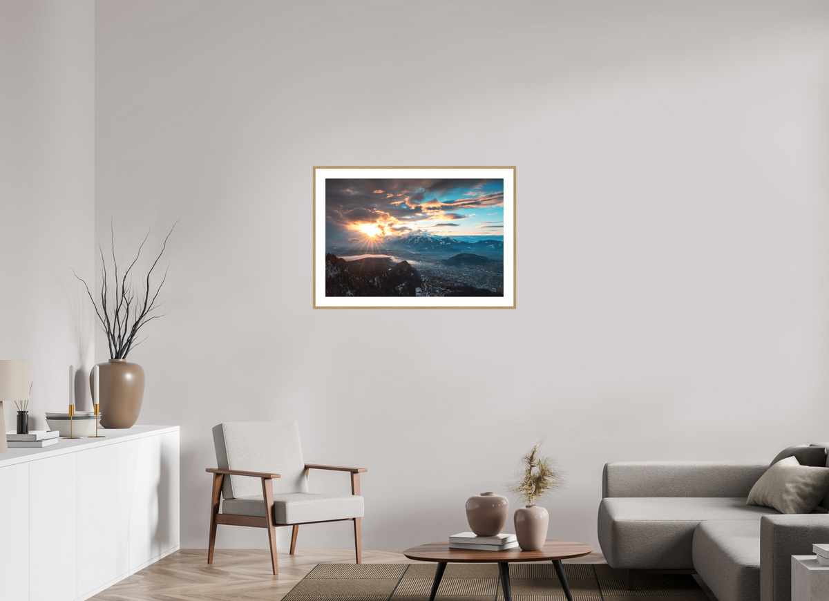 90 x 60 cm, Rahmen-Holzoptik Rhine Valley Winter Sunset, Vorarlberg