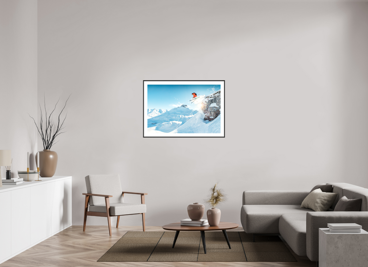 105 x 70 cm, Rahmen-Schwarz Freeride Jump Over the Rocks, Zürs