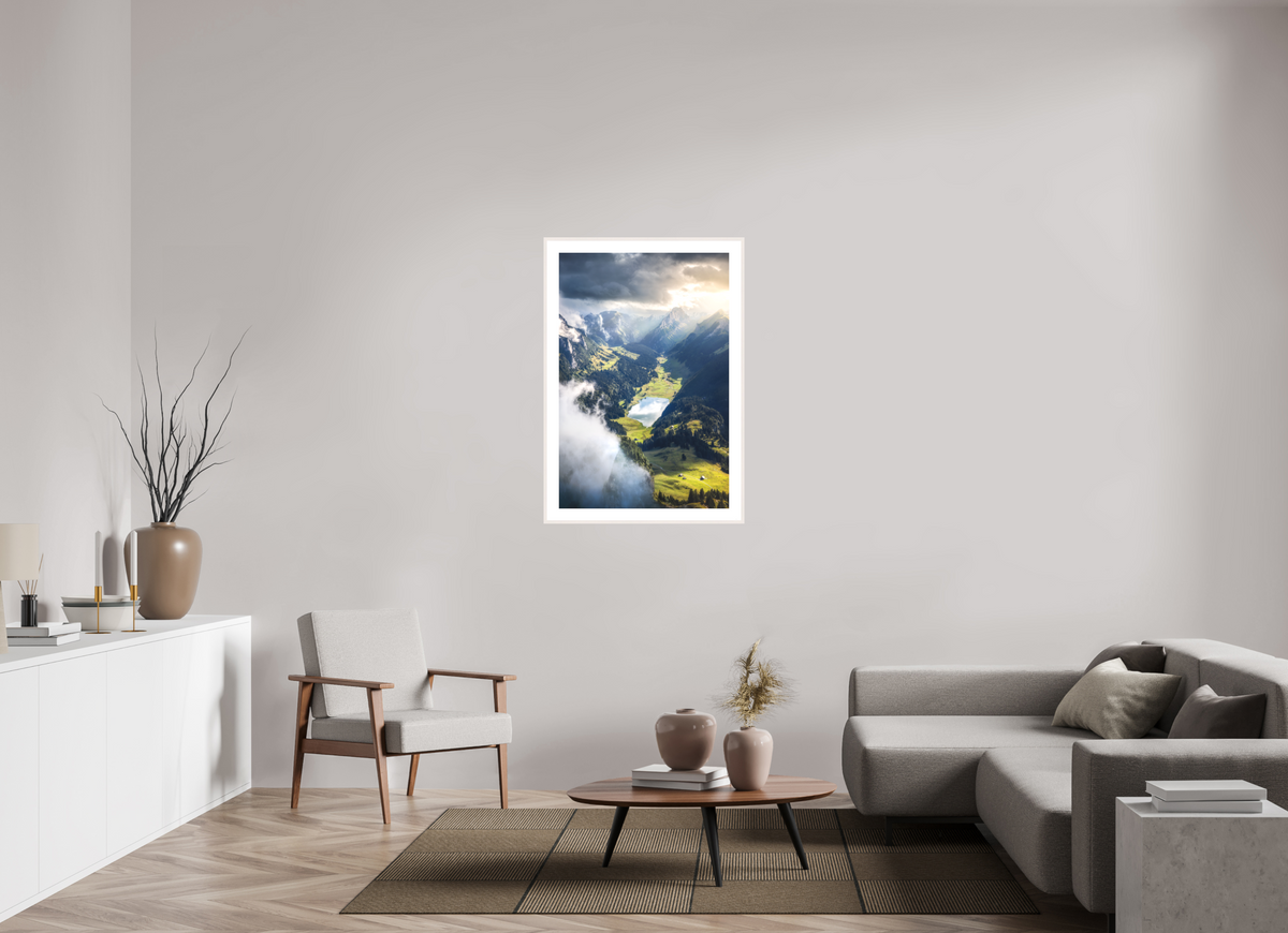 70 x 105 cm, Rahmen-Weiß Alpine Valley and Lake, Hoher Kasten