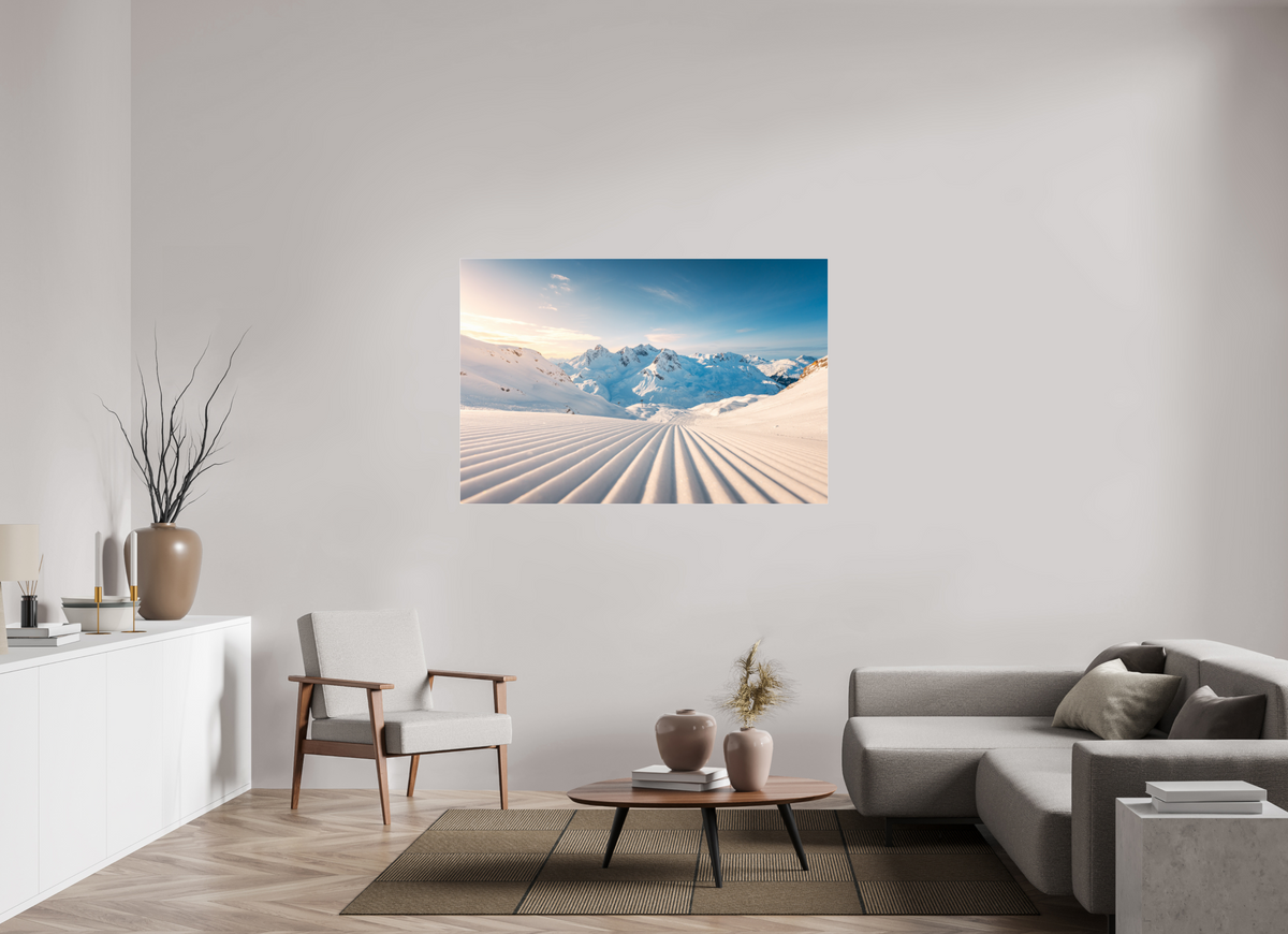 150 x 100 cm, Photo Print Under Acrylic Glass Freshly Groomed Slope, Zürs