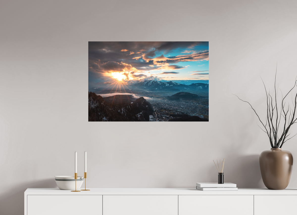 90 x 60 cm, Papierprint ohne Rahmen Rhine Valley Winter Sunset, Vorarlberg