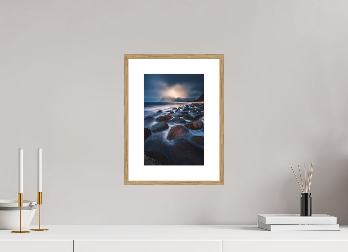 20 x 30 cm, Rahmen-Holzoptik Rocky Beach at Sunset, Lofoten
