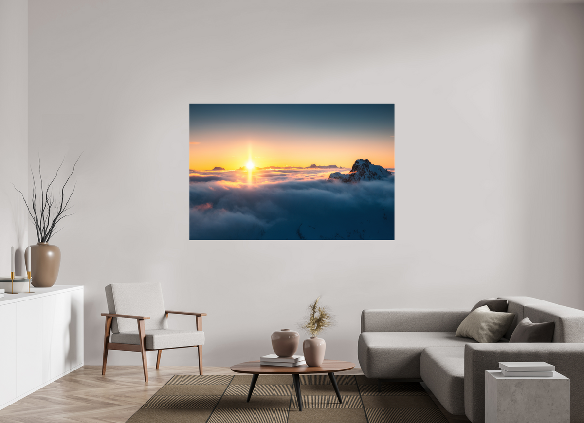 180 x 120 cm, Photo Print Under Acrylic Glass Golden Sunset Over the Clouds