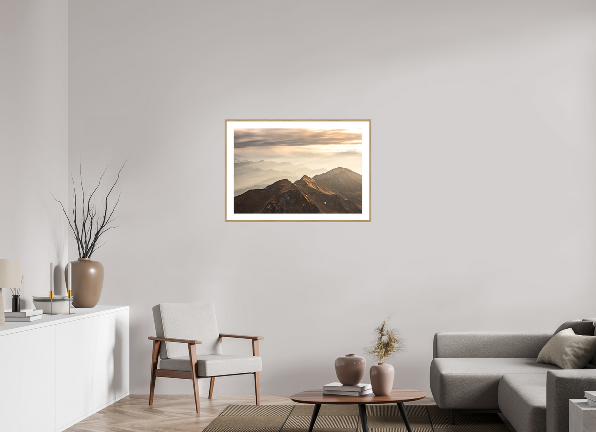 90 x 60 cm, Rahmen-Holzoptik Alpine Cloud Inversion at Sunset