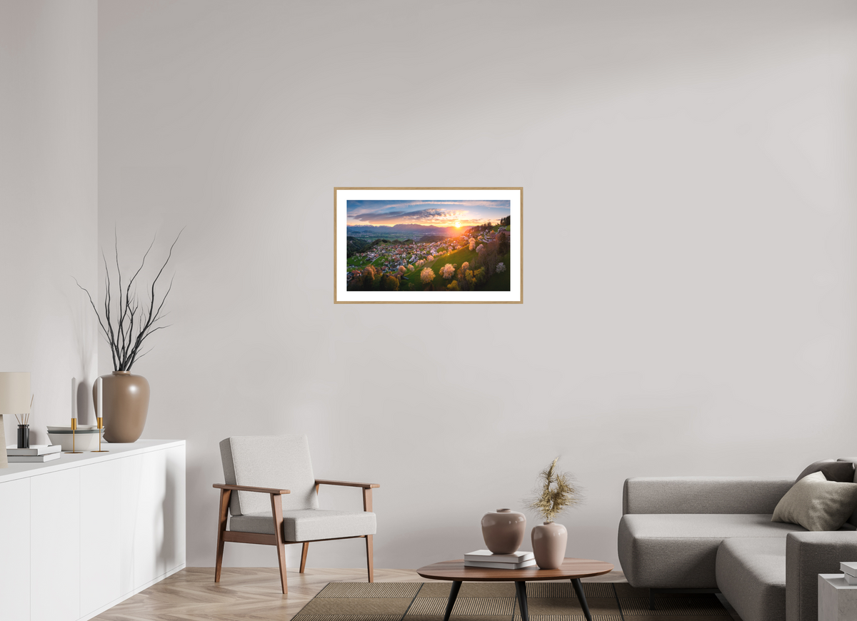 80 x 45 cm, Rahmen-Holzoptik Cherry Blossoms at Sunset, Fraxern Vorarlberg