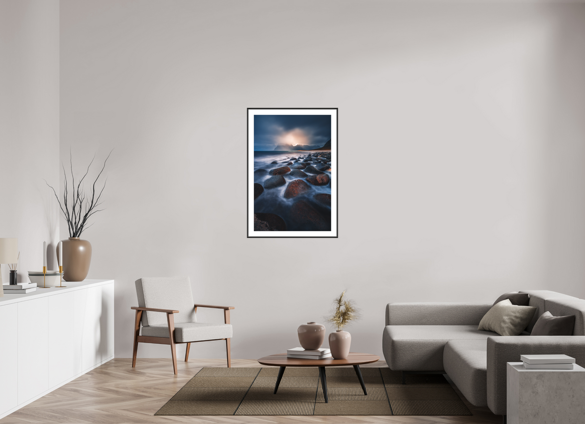 70 x 105 cm, Rahmen-Schwarz Rocky Beach at Sunset, Lofoten