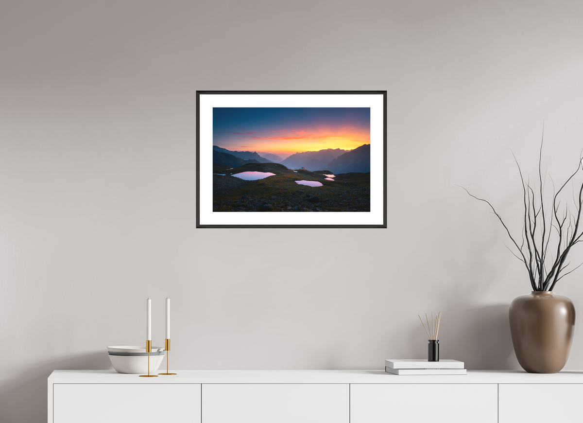 60 x 40 cm, Rahmen-Schwarz Mountain Lakes at Sunset